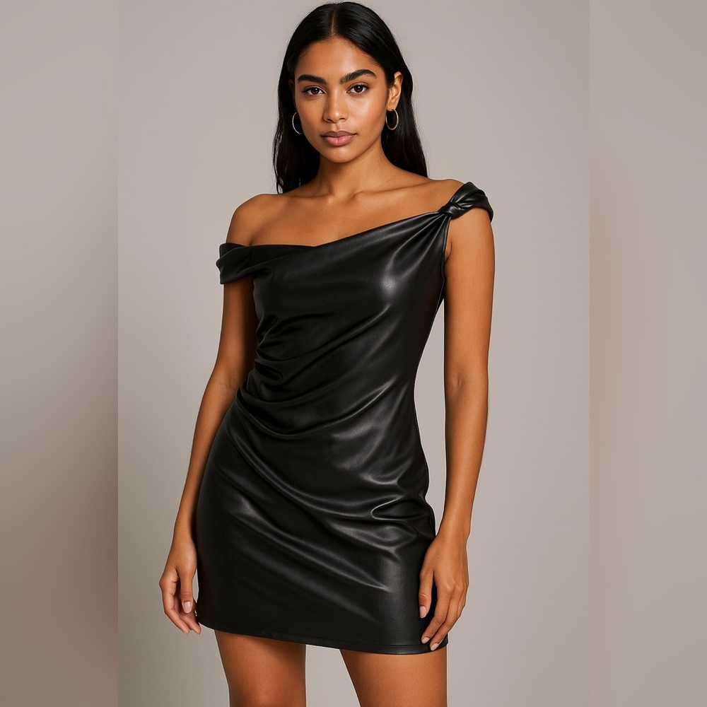 Micas Black Faux Leather Ruched Off-Shoulder Mini Dress–Size M runs small XS FIT